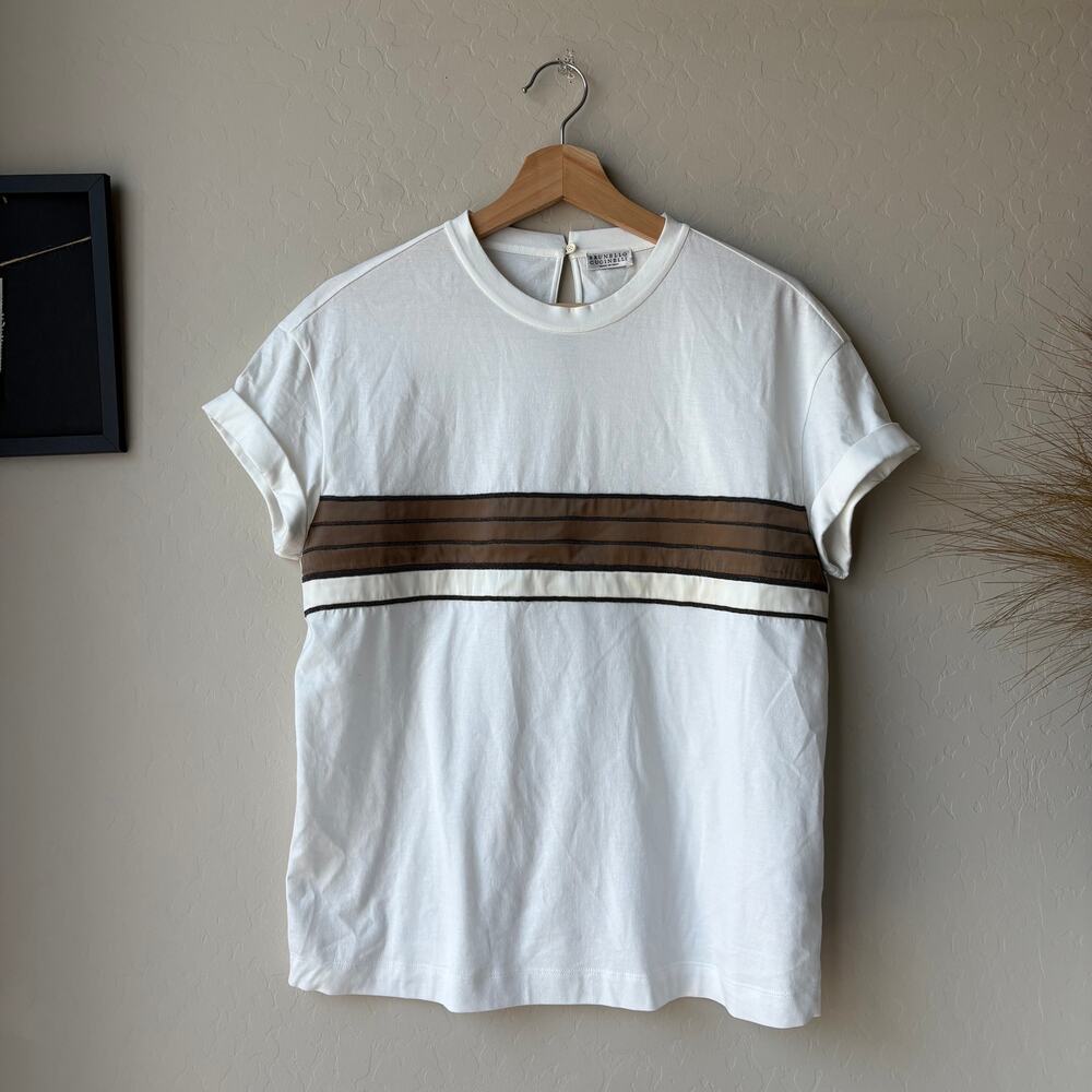Brunello Cucinelli White Stripe Patterned‎ Crewneck Short Sleeve T-Shirt Size M - Picture 2 of 7